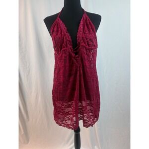Burgundy Floral Lace Halter Babydoll Chemise Lingerie Open Back XXXL & XXL